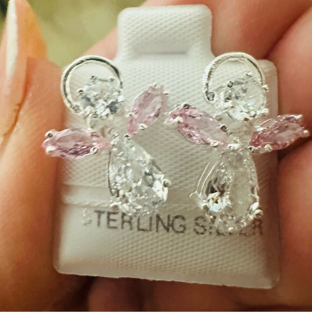 Silver and Pink Stud Earrings with Brilliant Cut Stones